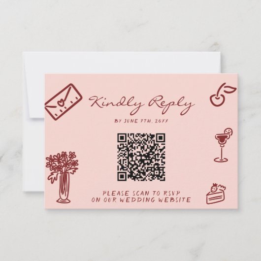 Hand Drawn Pink Burgundy Romantic QR Code Wedding 出欠カード (正面)