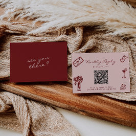 Hand Drawn Pink Burgundy Romantic QR Code Wedding 出欠カード