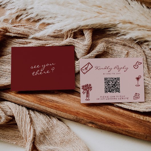 Hand Drawn Pink Burgundy Romantic QR Code Wedding 出欠カード
