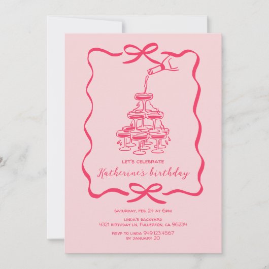 Hand Drawn Pink Champagne Tower Birthday Party 招待状 (正面)