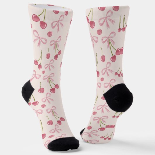 Hand-drawn Pink Cherry Coquette Seamless Pattern ソックス (傾斜あり)