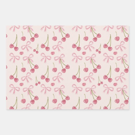  Hand-drawn Pink Cherry Coquette Seamless Pattern ラッピングペーパーシート (正面)