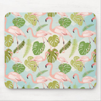 Hand drawn pink flamingo and monstera leaves. Seam マウスパッド