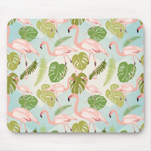 Hand drawn pink flamingo and monstera leaves. Seam マウスパッド (正面)