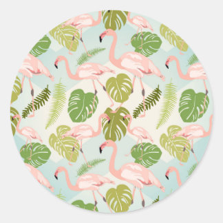 Hand drawn pink flamingo and monstera leaves. Seam ラウンドシール