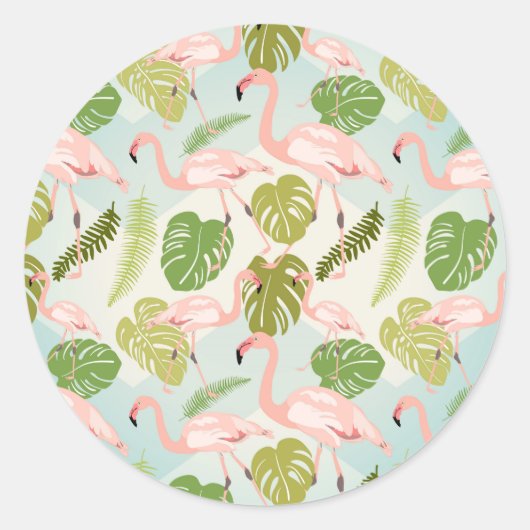Hand drawn pink flamingo and monstera leaves. Seam ラウンドシール (正面)