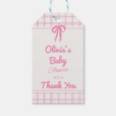 Hand Drawn Pink Gingham Bow Baby Girl Shower ギフトタグ (正面)
