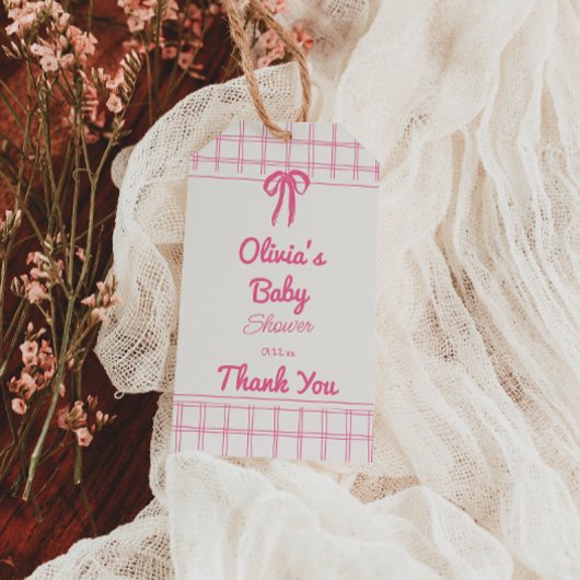 Hand Drawn Pink Gingham Bow Baby Girl Shower ギフトタグ