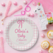 Hand Drawn Pink Gingham Bow Baby Girl Shower ペーパープレート (パーティー)