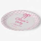 Hand Drawn Pink Gingham Bow Baby Girl Shower ペーパープレート (アングル)