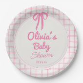Hand Drawn Pink Gingham Bow Baby Girl Shower ペーパープレート (正面)