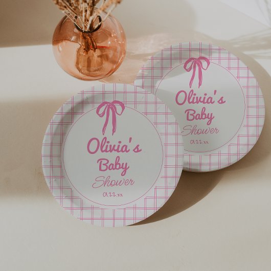 Hand Drawn Pink Gingham Bow Baby Girl Shower ペーパープレート