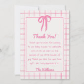 Hand Drawn Pink Gingham Bow Girl Baby Shower  サンキューカード (正面)