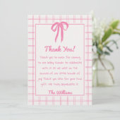 Hand Drawn Pink Gingham Bow Girl Baby Shower  サンキューカード (スタンド正面)