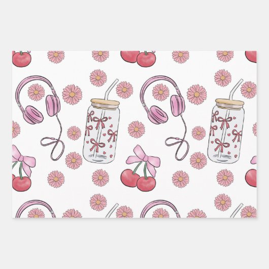 Hand-drawn Pink Girly Elements Seamless Pattern ラッピングペーパーシート (正面)