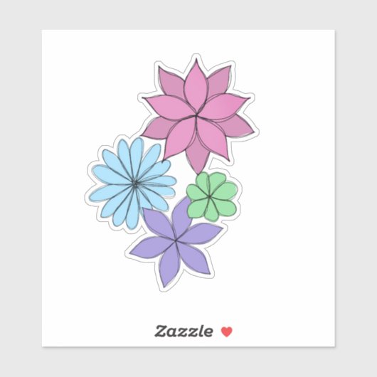 Hand-Drawn Pink, Purple, Blue, Mint Flower Sticker シール (シート)