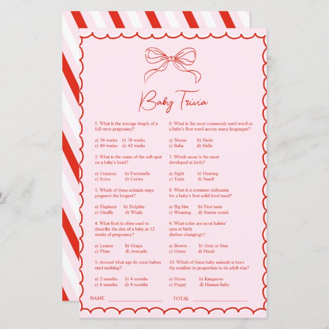 Hand Drawn Pink Red Baby Trivia Baby Shower Game (正面/裏面)