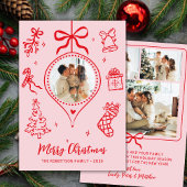 Hand-Drawn Pink Red Doodle Photo Merry Christmas シーズンカード
