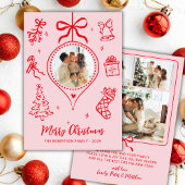 Hand-Drawn Pink Red Doodle Photo Merry Christmas シーズンカード