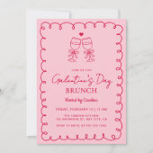 Hand Drawn Pink Red Galentine's Day Brunch 招待状 (正面)