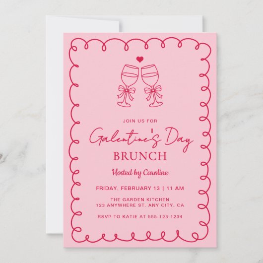 Hand Drawn Pink Red Galentine's Day Brunch 招待状 (正面)