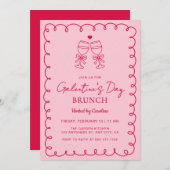 Hand Drawn Pink Red Galentine's Day Brunch 招待状 (正面/裏面)