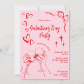 Hand Drawn Pink Red Galentine's Day Cocktail Party 招待状 (正面)