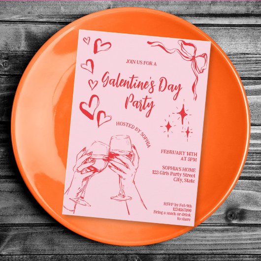 Hand Drawn Pink Red Galentine's Day Cocktail Party 招待状