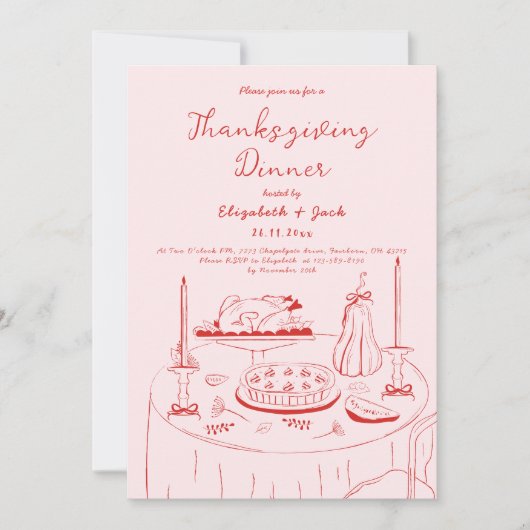 Hand Drawn Pink & Red Handwriting Thanksgiving  招待状 (正面)