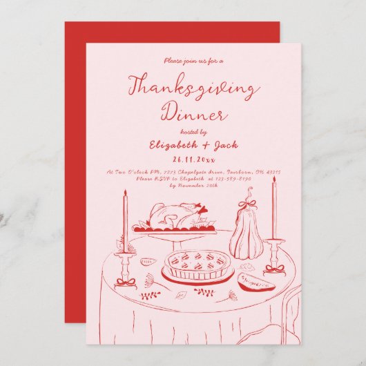 Hand Drawn Pink & Red Handwriting Thanksgiving  招待状 (正面/裏面)