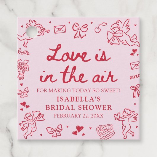 Hand Drawn Pink Red Hearts Valentine Bridal Shower フェイバータグ (正面)