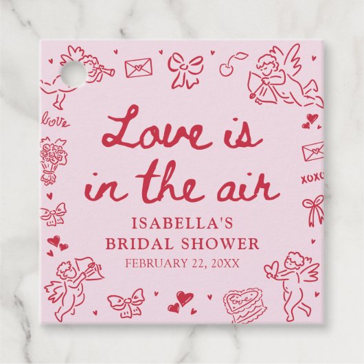 Hand Drawn Pink Red Hearts Valentine Bridal Shower フェイバータグ (正面)