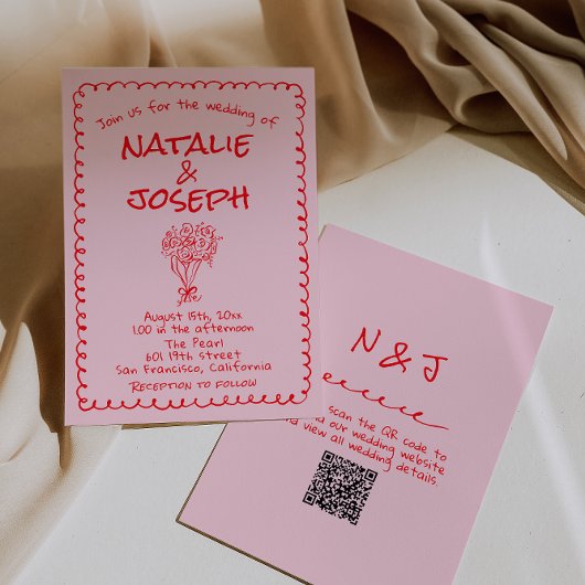 Hand Drawn Pink Red Retro QR Code Wedding 招待状
