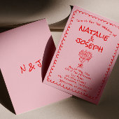 Hand Drawn Pink Red Retro Unique Quirky Wedding 招待状