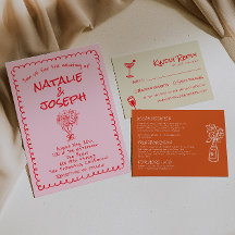 Hand Drawn Pink Red Retro Unique Quirky Wedding