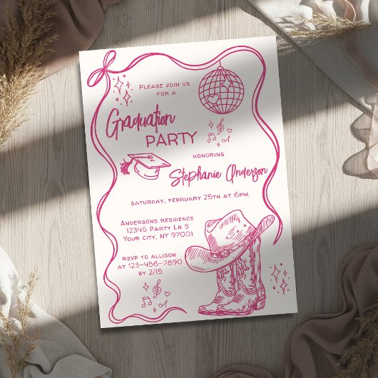Hand Drawn Pink Western Disco Graduation Party 招待状