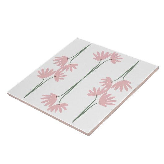 Hand Drawn Pink Wild Flowers White タイル (側面)