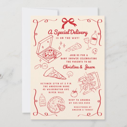 Hand Drawn Pizza Baby Shower 招待状 (正面)