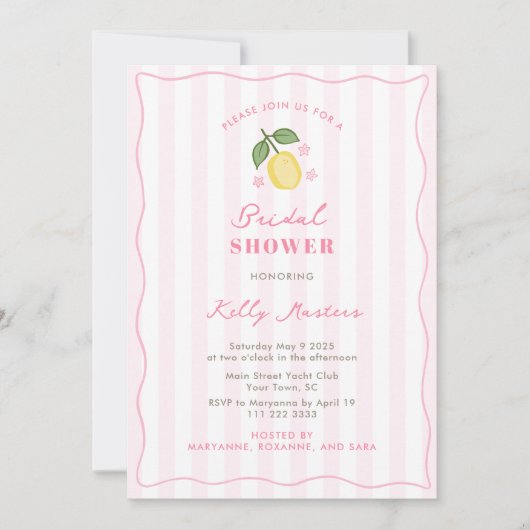 Hand-Drawn Pretty Pink Lemons Bridal Shower 招待状 (正面)