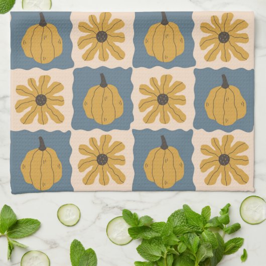 Hand Drawn Pumpkin Check Print Kitchen Towel キッチンタオル (折り畳み)