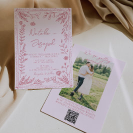Hand Drawn QR Code Floral Garden Photo Wedding 招待状