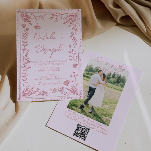 Hand Drawn QR Code Floral Garden Photo Wedding 招待状