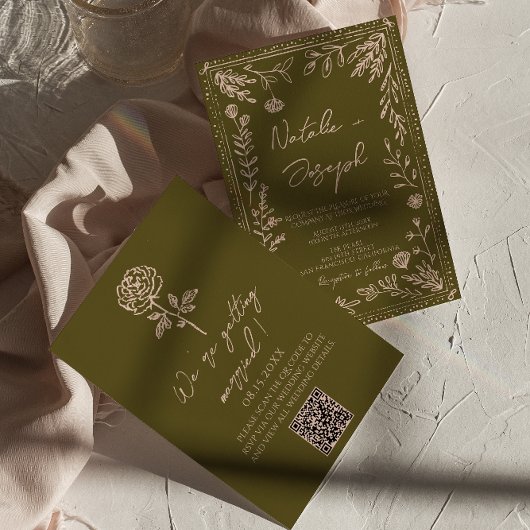 Hand Drawn QR Code Grasslands Floral Wedding 招待状