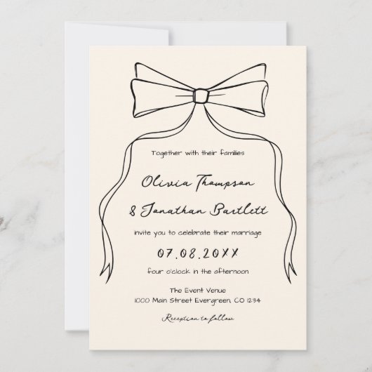 Hand Drawn Quirky Bow Old Money Wedding 招待状 (正面)