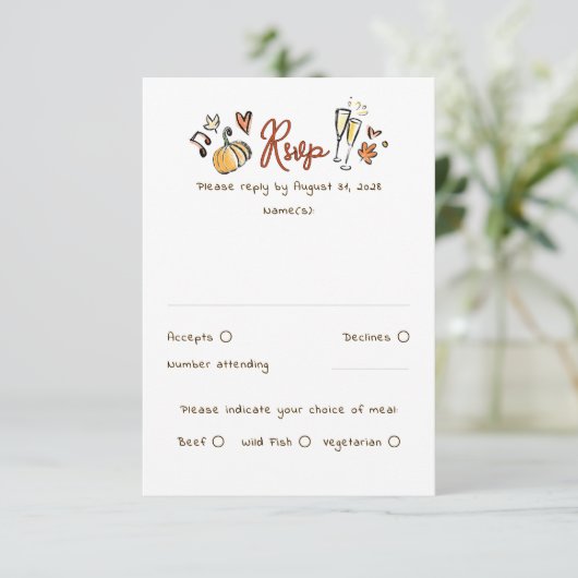 Hand Drawn Quirky Funky Fall Wedding RSVP Card (スタンド正面)