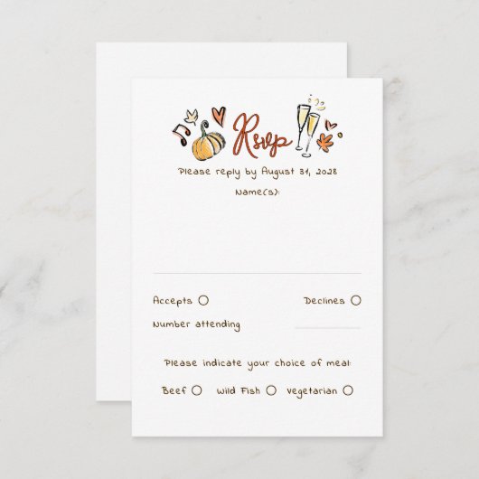 Hand Drawn Quirky Funky Fall Wedding RSVP Card (正面/裏面)