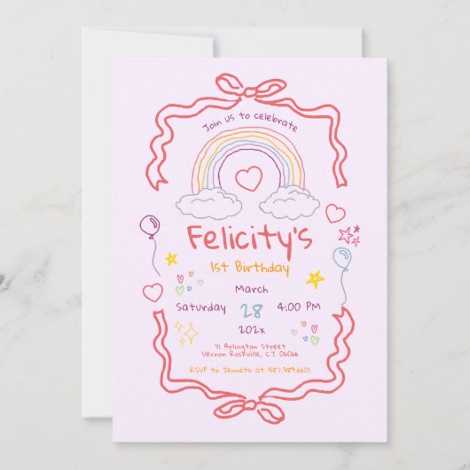 Hand Drawn Rainbow Whimsical Birthday 招待状 (正面)