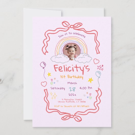 Hand Drawn Rainbow Whimsical Birthday Photo 招待状 (正面)