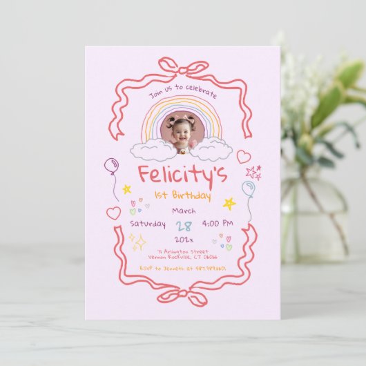 Hand Drawn Rainbow Whimsical Birthday Photo 招待状 (スタンド正面)