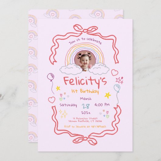 Hand Drawn Rainbow Whimsical Birthday Photo 招待状 (正面/裏面)